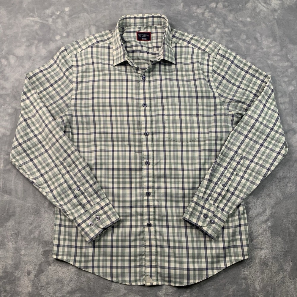Untuckit‎ Button Up Shirt Men's Medium White Blue Green Check Long Sleeve Casual
